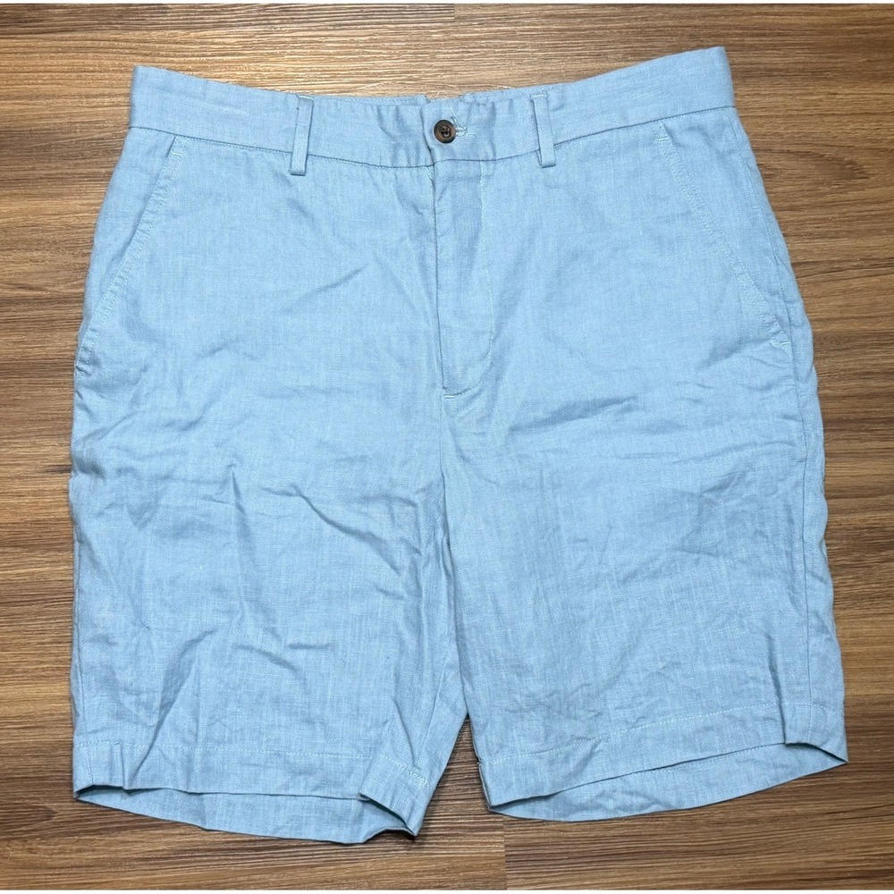 Zara Mens 100% Linen 7" Shorts Light Blue Flat Front Summer Casual Sz M/32
